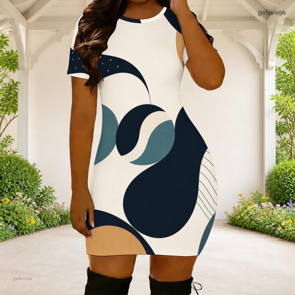 Women Plus Size Round Neck Short Sleeve Black White Printed Fitted Mini Dress
