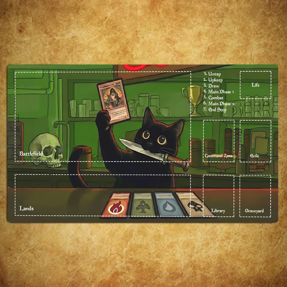 Ramen Shop Black Cat Mouse Pad Card Playmat Stitched with Magic Zones Game Mats Tabletop for MTG/TCG Gaming Mat
