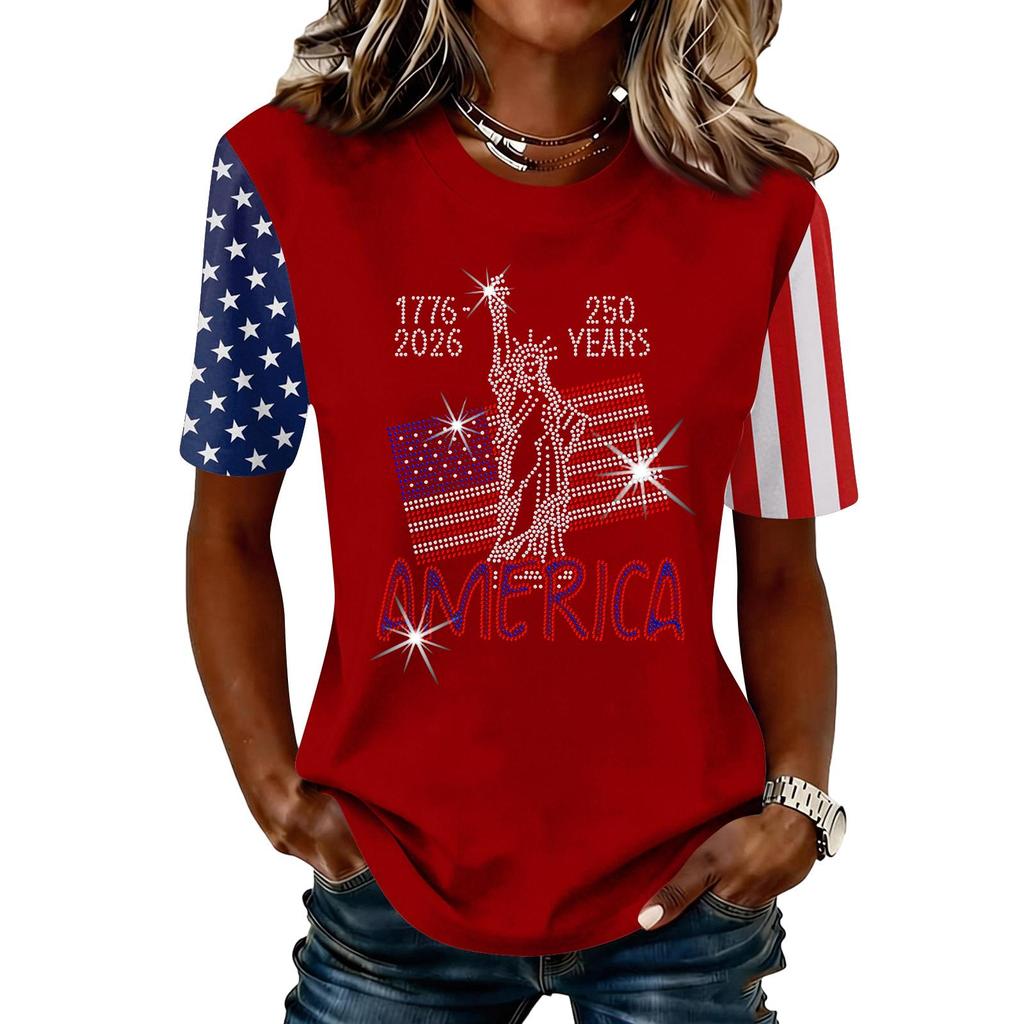 Blusa Feminina da Moda Casual de Manga Curta com Estampa e Gola Redonda