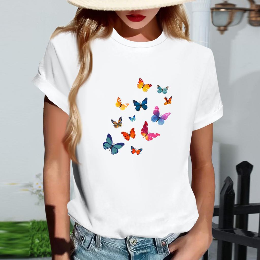 Women's Fashionable Round Neck Casual Retro Print Short Sleeved T-shirt Top