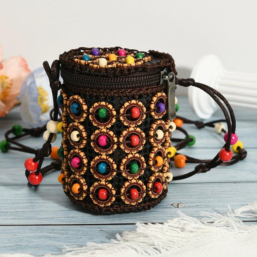 Tragbare Stoff-Umhängetasche im ethnischen Stil, Retro-Kokosnussschale, handgeflochtene Tasche, Vintage-Handtasche, Bohemian-Umhängetasche für Damen