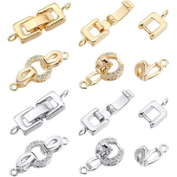 SUPERFINDINGS 8 Sets 2 Styles Brass Fold Over Clasps 2 Colors Zirconia Extender Clasp Closure End Caps for Bracelet Necklace Jewelry Extender