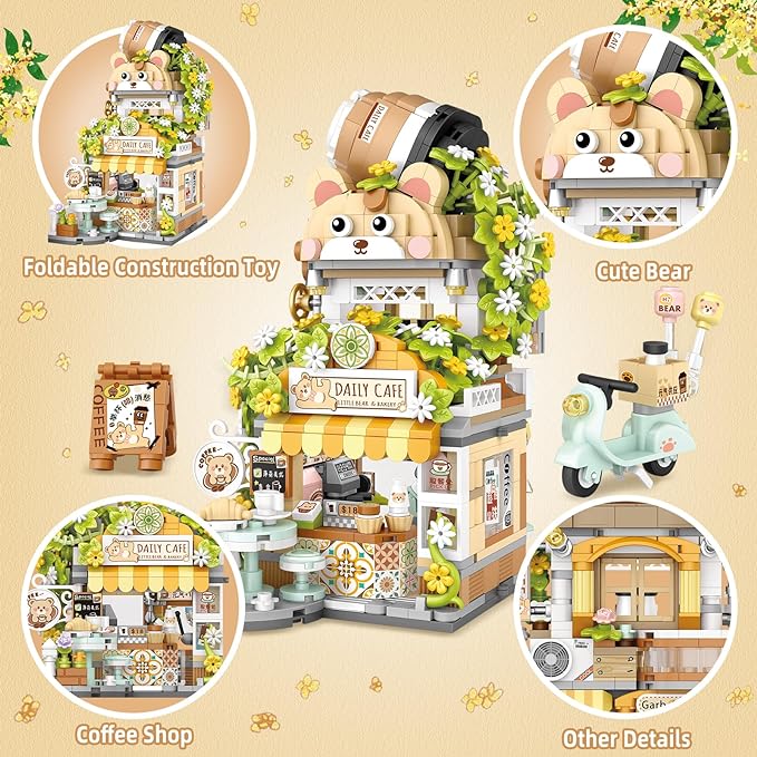 Mini Street View Building Blocks Bear Coffee Shop Foldable Panda Milk Tea Cartoon Street Shop Store Model Bricks Stacking High Quality