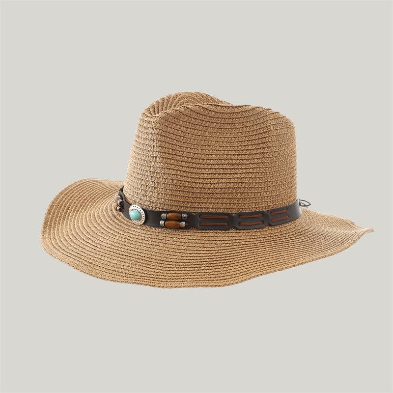 Unisex Bohemian Style Western Cowboy Straw Hat, Face-Slimming, Retro Panama Design with Sun Protection.