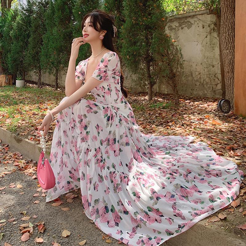 

YYFS Женская мода Лето Весна Цветочный узор Принт Короткие рукава V-образный вырез Высокая талия Повседневные платья XL розовый