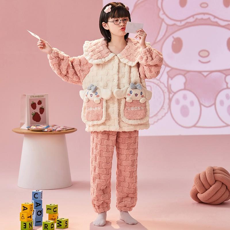 Girls Winter Coral Fleece Pajama Set Long Sleeve Hooded Sleepwear Kids 8 Years Soft Warm Home Outfit