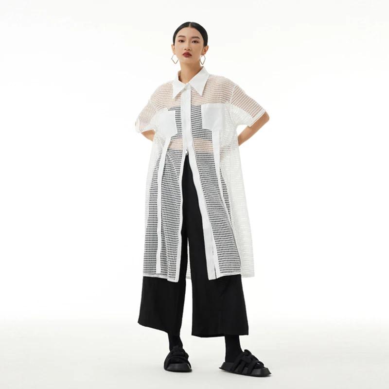 

XITAO Перспективная сетчатая рубашка, однотонная женская рубашка с отложным воротником и коротким рукавом LYD1764 One Size белый