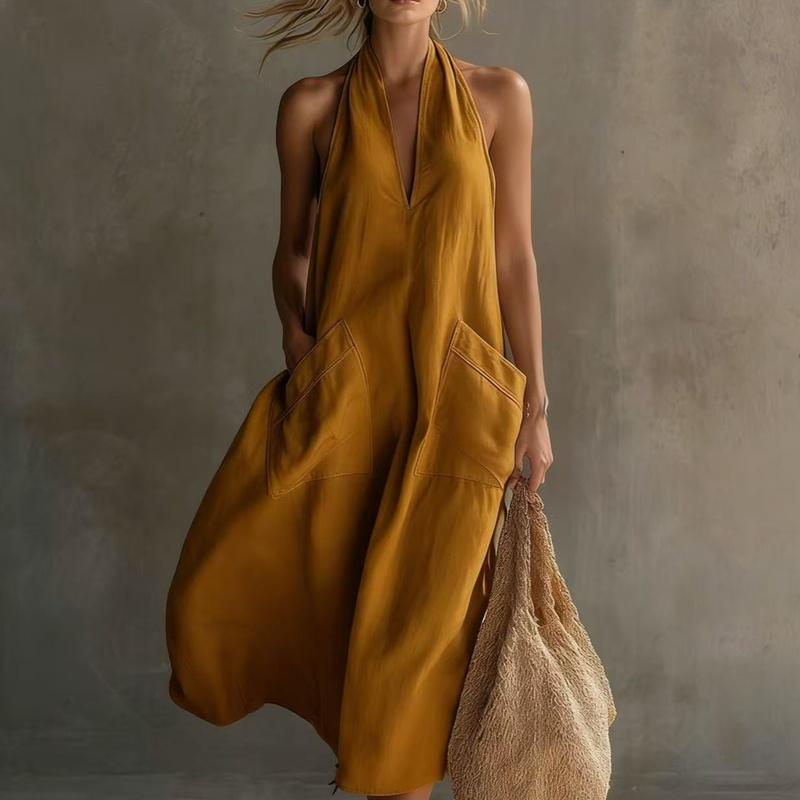 Women's Halter V Neck Sleeveless Loose Maxi Dress with Pockets Summer Dress