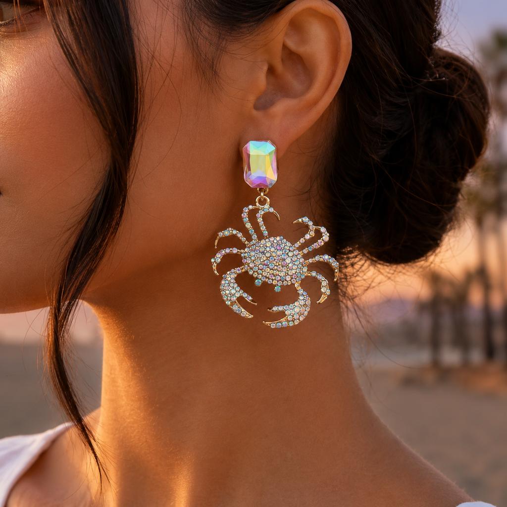 Quirky Glam Statement Crab Earrings for Women Maximalist Funky Animal Drop Pave Rhinestone Camp Aesthetic Summer Beach Jewelry