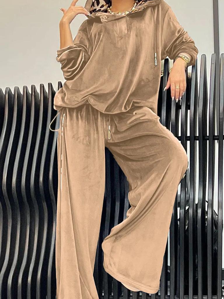 Oversized Casual Two-Piece Leopard Print Hoodie and Pants Set for Women