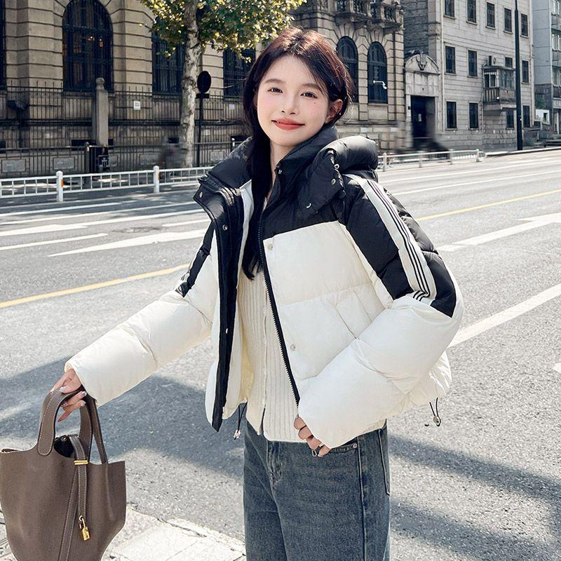 Fashion Color Block Short Cotton Coat Women Hooded Loose Winter Korean Jacket Thick Outwear