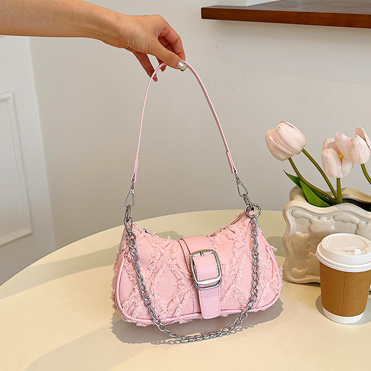 

Женская сумка через плечо с цепочкой Джинсовая сумка с необработанным краем и ромбовидным узором