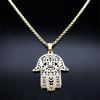 Islamic Hand of Fatima and Evil Eye Pendant Necklace Stainless Steel Blue Crystal Hamsa Hand Necklaces Islam Woman Jewelry Gifts