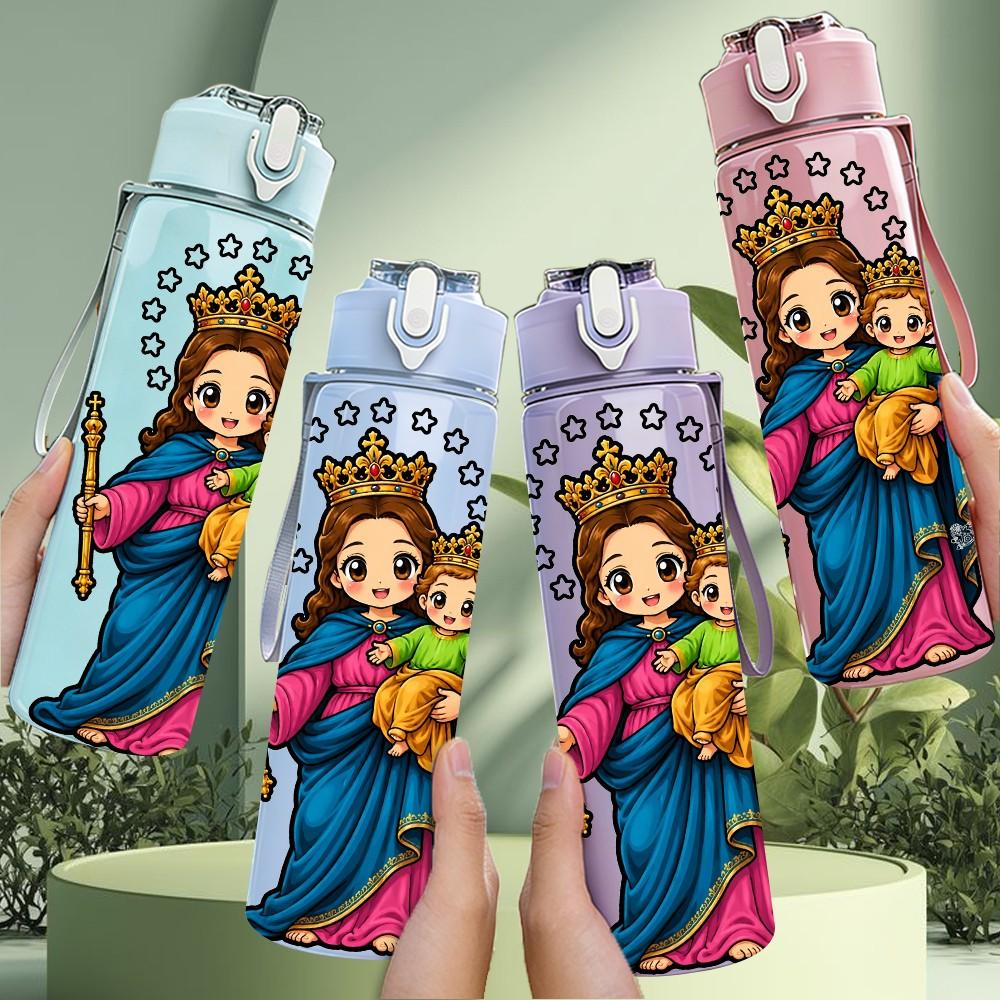 1PC Virgin Mary Holding Child 750ml Color Plastic Sports Water Bottle Leakproof Flip Straw Lid Suitable for Sports Office Home Use