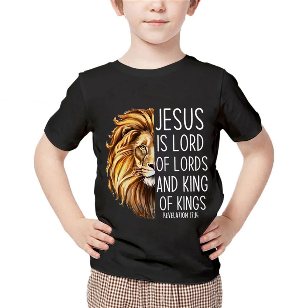 Kids Animal Tshirts Jesus Letter Graphic T Shirts Short Sleeve Clothes Child Boy Tee Shirts Cartoon Lion Print Children Clothes