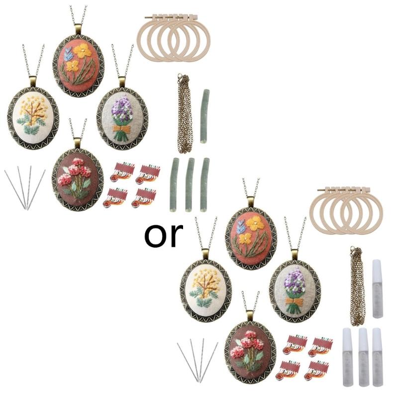 4-Pack Fashion Embroidery Pendant Kit with Scissors Needles Instructions DIY Necklace Art Crafts for Cross Stitch Kits G