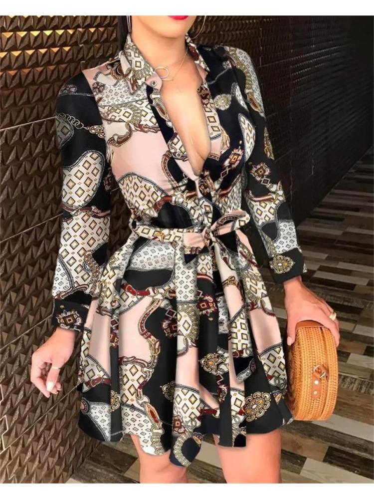 Summer New Women's Long Sleeve V-Neck Tied Fashionable Sexy Printed Dress