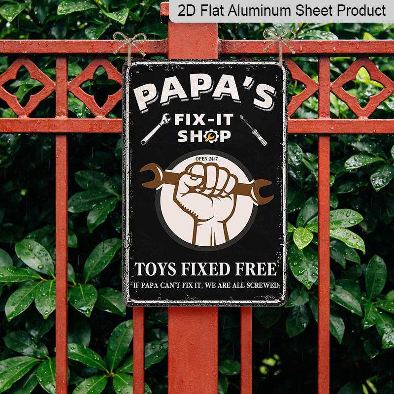 2D Flat, 1pc "Papa's Fix-It Shop" Aluminium Metal Wall Decor Sign - 8"x12" Vintage Garage Decor, Wrench & Tools Accent Wall Art, Perfect Father's Day