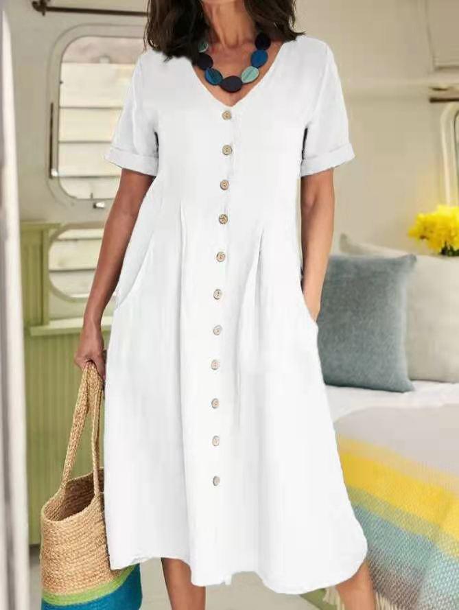 2025 Spring/Summer European and American Solid Color Loose High-Waisted Cotton Linen Dress.