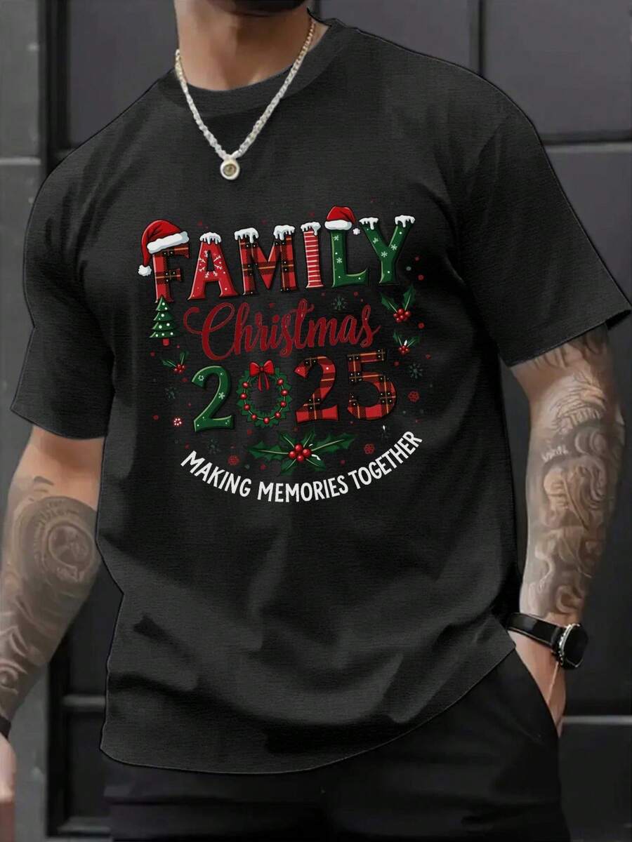 

Unisex Christmas Family Pattern T-Shirt - Unisex White Background with Red and Green Text Holiday Short-Sleeve T-Shirt S