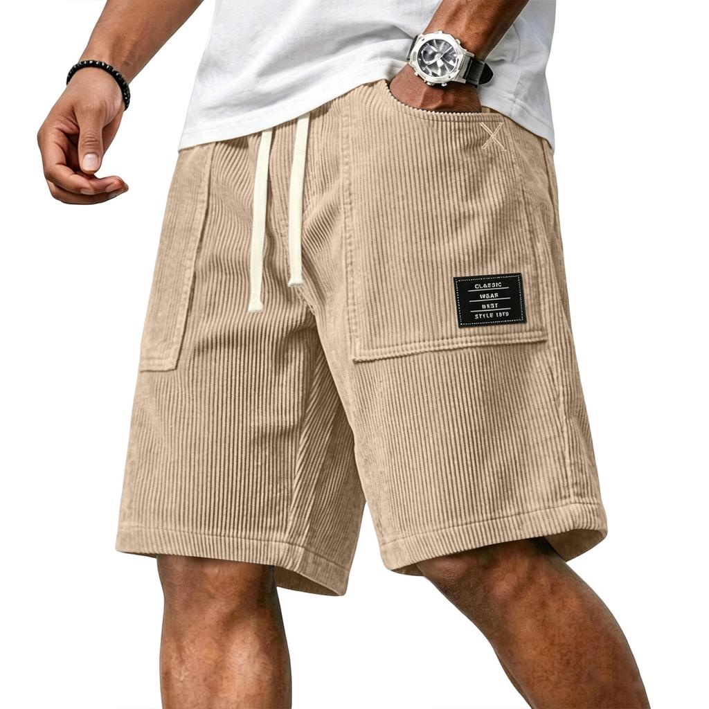 Pantaloncini Casual da Uomo in Velluto a Coste con Coulisse in Vita e Stampa con Lettere Applicate, Vestibilità Rilassata, Lunghezza al Ginocchio, per l'Uso Quotidiano