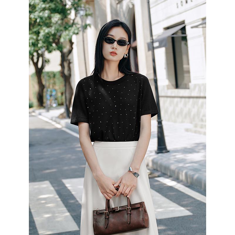 Leisure Summer Jiuzi Anna Kou Color Hot Diamond Lyocell Knitted Short Sleeve Women's 2026 Summer New Style