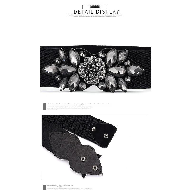 Meimeier Rose Rhinestone Embellished Elastic Waist Belt - Women's Dress Accessory, Feather Black Waist Cincher, Waist Belt
