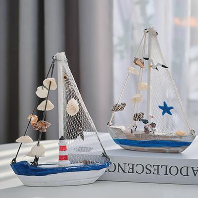 19cm Sailing Crafts Ornaments Mediterranean Style Wooden Sailing Boat Model Home Decoration Accessories Living Room Decor Gifts