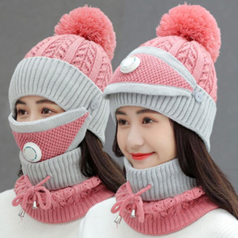 Korean Style Winter Cycling Cap: Woolen Earmuffs, Knitted Hat & Scarf with Breathing Valve.