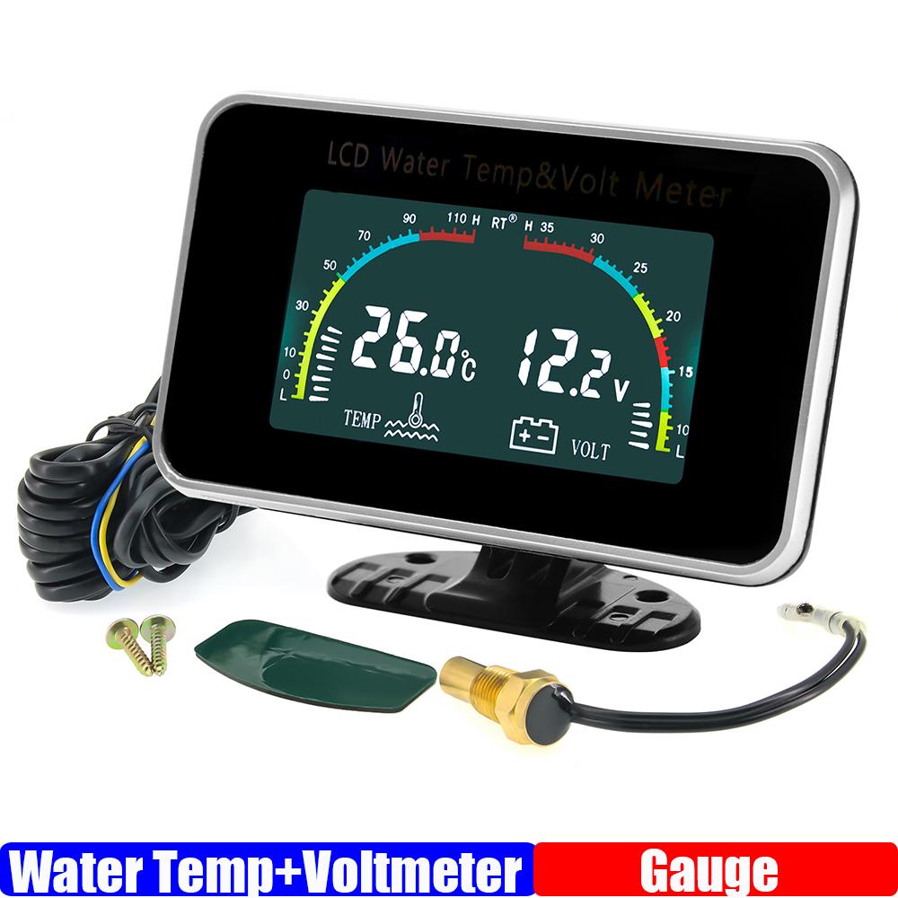 -10~120℃ Digital Water Temperature Gauge+Voltmeter 2 IN 1 LCD Gauge with Sensor 9-36V for Gasoline Diesel Auto Car 12V24V