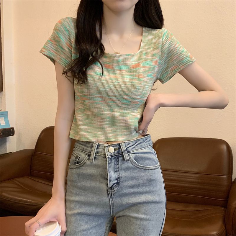 Rainbow Striped Soft Square Neck Short Sleeved T-shirt for Women In Summer Short Knit Top