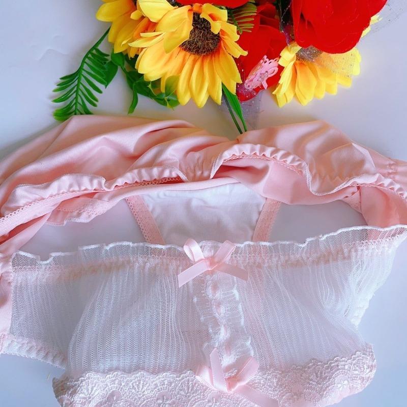 Japanische Lolita-Herrenunterwäsche, transparente Netz-Sissy-Pouch-Höschen mit schwuler Stickerei, sexy Dessous mit süßer Schleife, Crossdress-Höschen