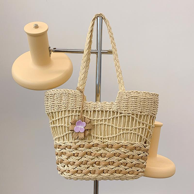 

Новая плетеная вручную соломенная сумка большой вместимости, женская летняя ажурная портативная сумка-корзина для овощей, пляжная сумка для отпуска на море One size бежевый