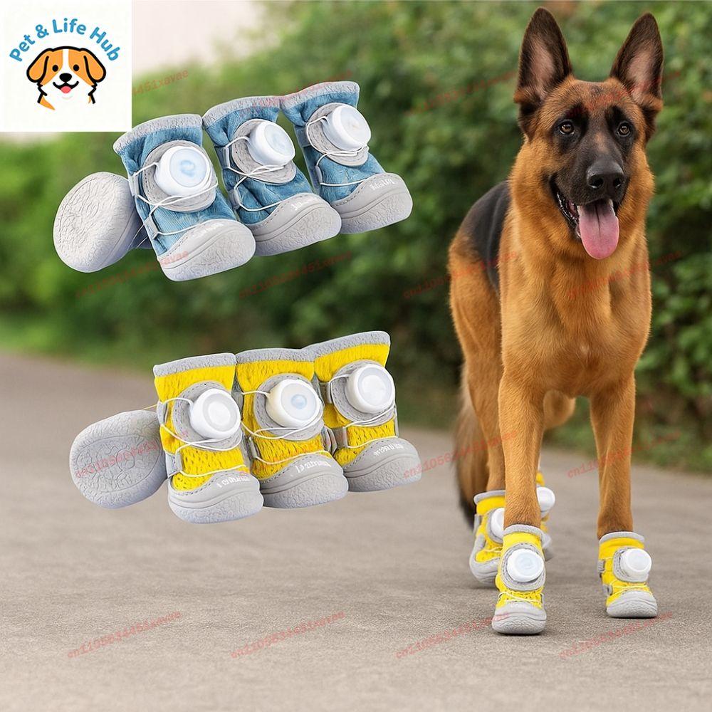 4Pcs/Set Outdoor Mesh Button Dog Shoes Summer Breathable Reflective Anti-slip Dogs Footcovers Soft Sole Comfortable Dog Footwear