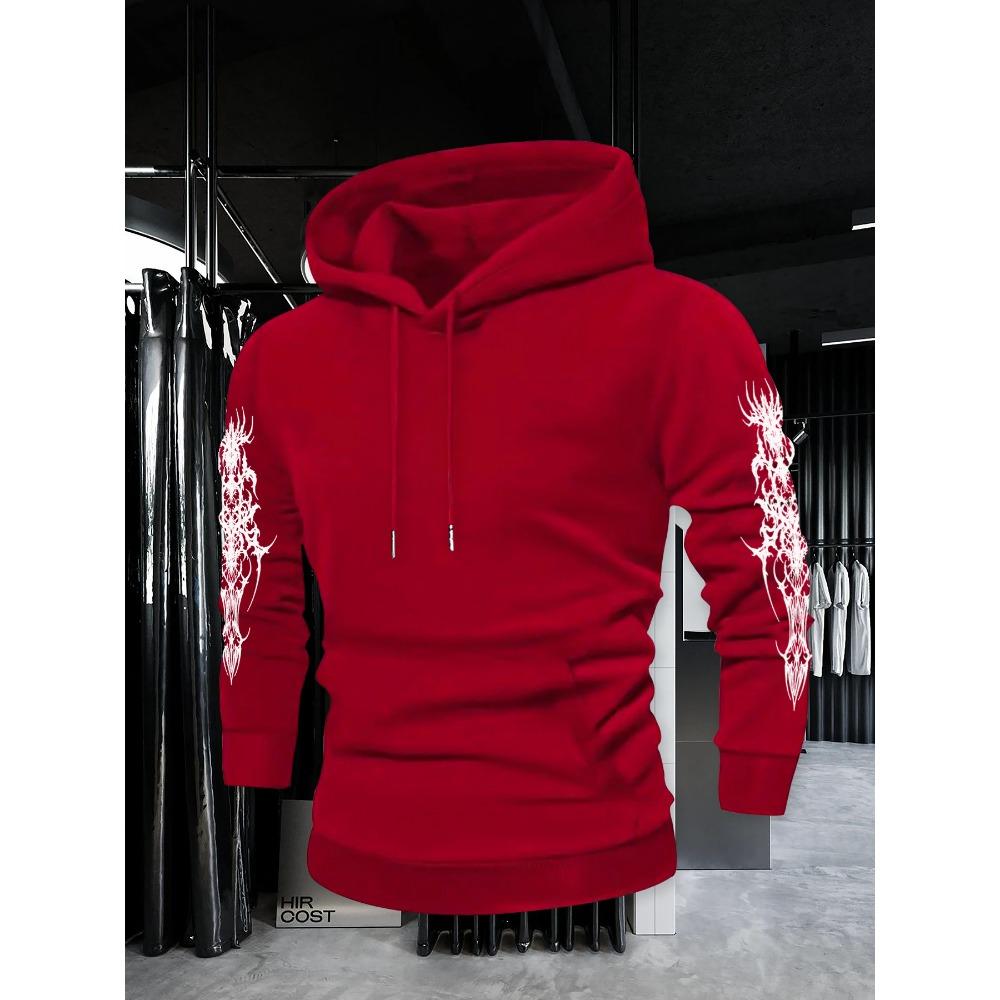 Autumn and Winter Fashionable Men's Retro Street Printed Hooded Sweatshirt with Thorn Pattern, Casual Top, Suitable for Daily Outings