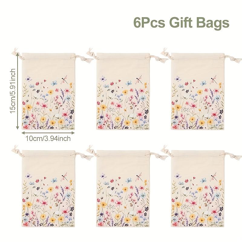 

6pcs, Wild Flowers Drawstring Gift Bags,Spring Theme Colorful Wild Flowers Floral Butterfly Sack Bag Drawstring Candy Gift Bags