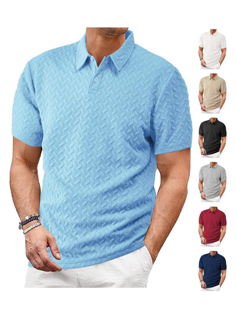 Men's Breathable Sweat Wicking Sweatshirt, Loose and Casual, Solid Color Jacquard Fabric, Men's Short Sleeved Polo Shirt