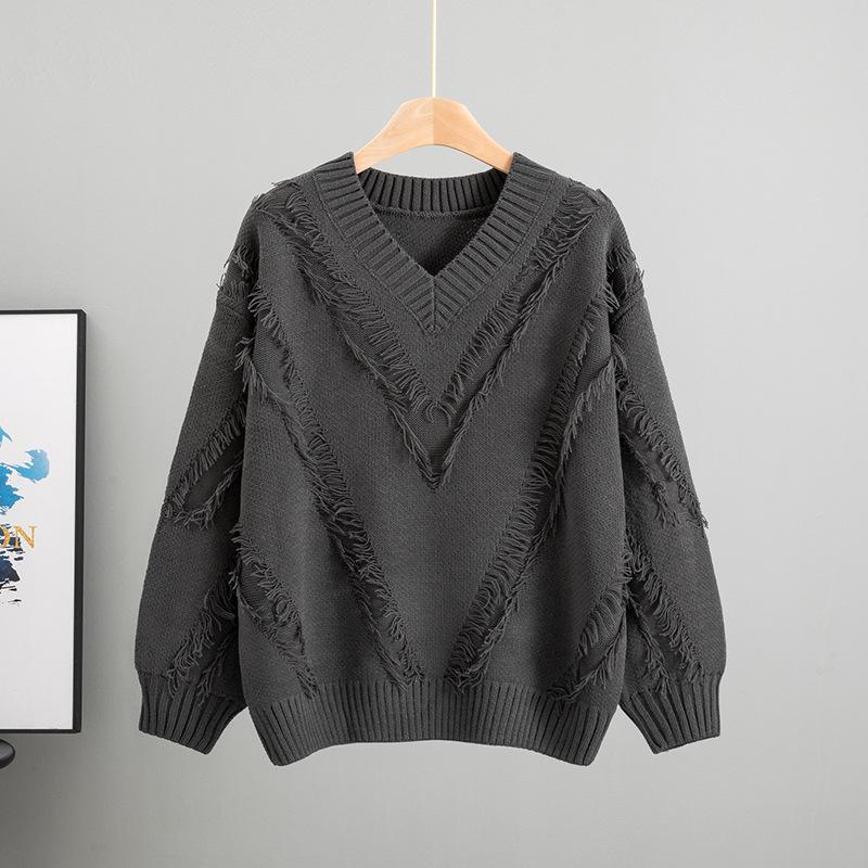 Loose Knitted V-neck Lazy Fringed Sweater Women's 2025 Autumn New Fashion Foreign Style Inner Top