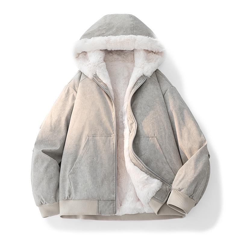 Unisex Thickened Winter Faux Rabbit Fur Jacket with Velvet Lining - Warm Hooded American Style