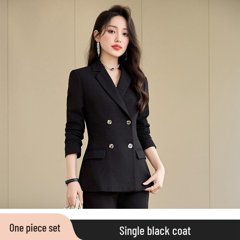 Women's Autumn Black Double-Breasted Blazer and Pants Set - Professional Slim Fit for Business and Interviews