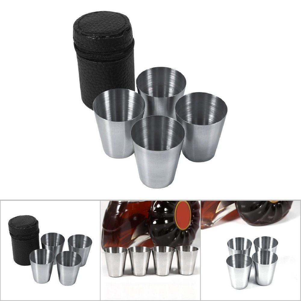 4pcs Stainless Steel Portable Tea Cup Black PU-Leather Case Whiskey Tumbler Cups  Travel Use