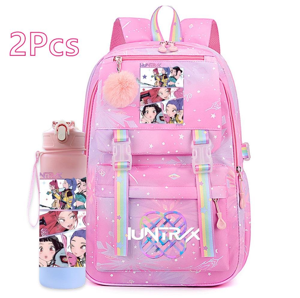 2Pcs/set Cartoon Kpop Printed Backpack with 750Ml Water Bottler for Teenager Girl Boy Bookbag Kid Gift Large Capacity Travel Bag Mochila