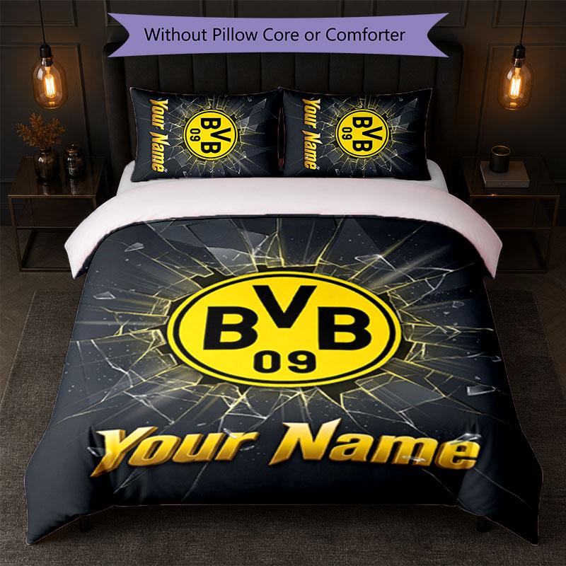 Borussia Dortmund Benutzerdefinierter Name Text Bettwäsche-Set 1 Bettbezug+2 Kissenbezüge Fußball-Logo Personalisierte Geschenkidee für besonderen Anlass Schlafzimmerdekoration