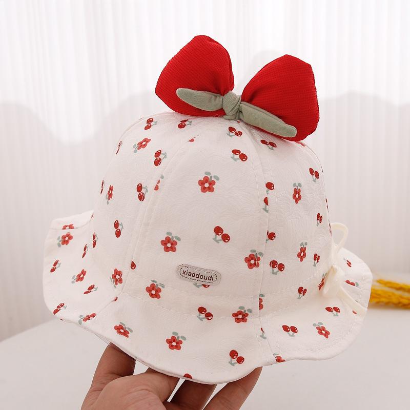 Cute Bow Baby Girl Bucket Hat Sweet Flower Cherry Print Cotton Newborn Infant Fisherman Cap Drawstring Adjustable Toddler Sun Hats