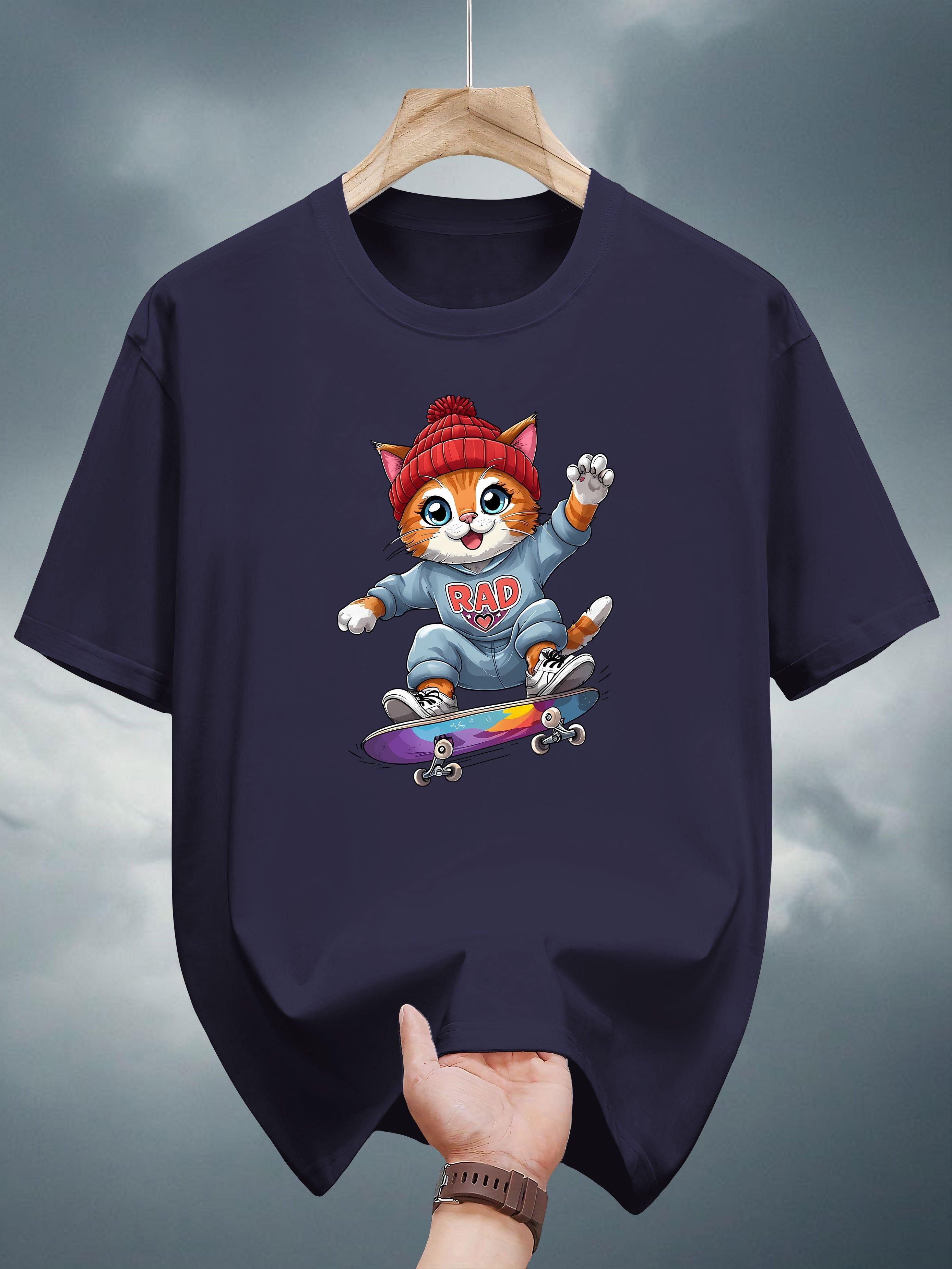 

200g 100% Cotton Graphic T-shirt - Black Casual Short Sleeve Tee with Skateboarding Cat & RAD! Print XXXL