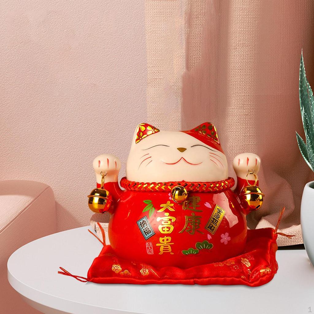 Chinese Style Cat Money Bank, Decorative, Collection, Home Decor, Figurines with Bell Crafts Display