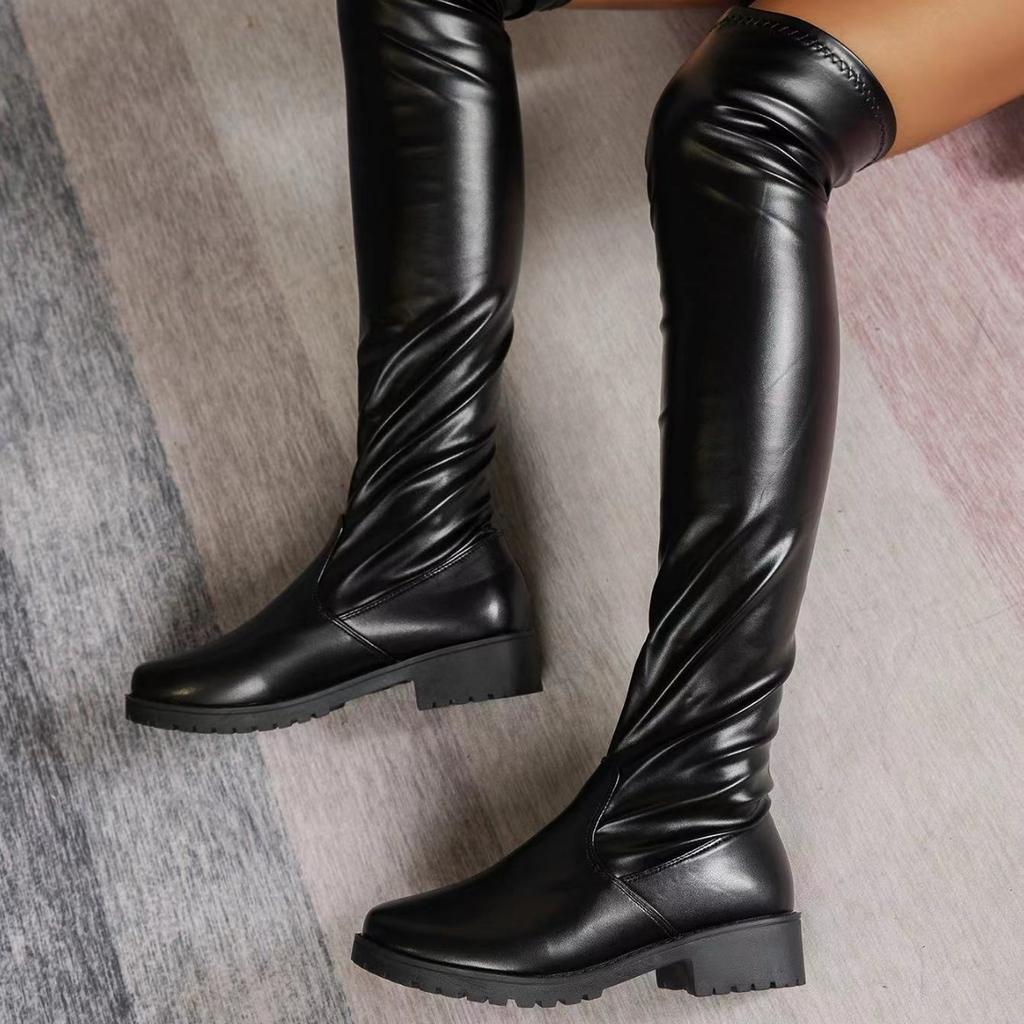 New European and American style women's long boots with low elasticity and thick heels  Lady's boots