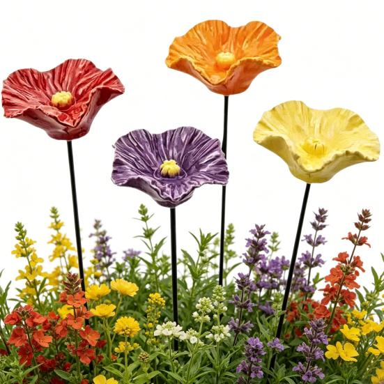 4Pcs Resin Flower Pollinators Cups, Garden Stake Bee Watering Station, Outdoor Small Bird Bath, Yard Art Decor Water Feeder for Hummingbird Butterfly