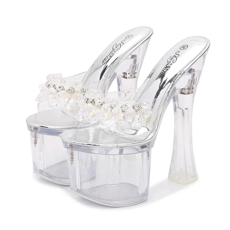 Fashion 17.5cm Women Glass Crystal Wedge Heel Slippers Summer Waterproof Platform non-slip Sexy Super High Heel Sandals LFD
