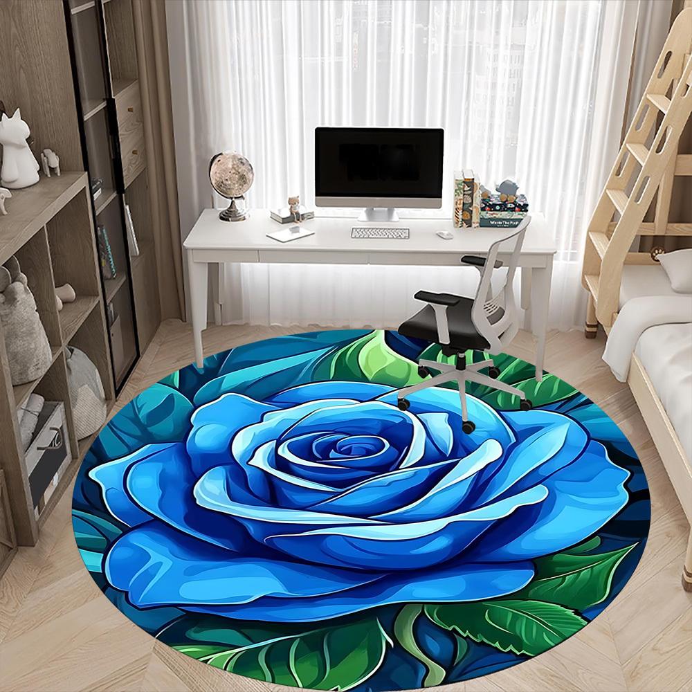 1pc Blue Rose Office Round Area Rug, Indoor Mat Suitable ForOffice, Under Office Chairs Bedroom Living Room Home Decor, Room Deco  D095